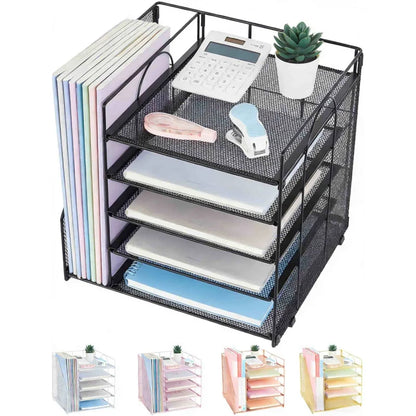 Black office desktop multi-layer file rack with five layers for organizing documents and storage, ideal for office supplies.