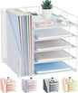 Black office desktop multi-layer file rack with five compartments, designed for organizing files and office supplies.
