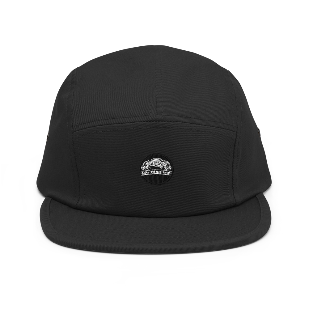 Black 5-panel cap by Yupoong 7005 with adjustable strap, featuring a classic flat-brim design for casual wear.