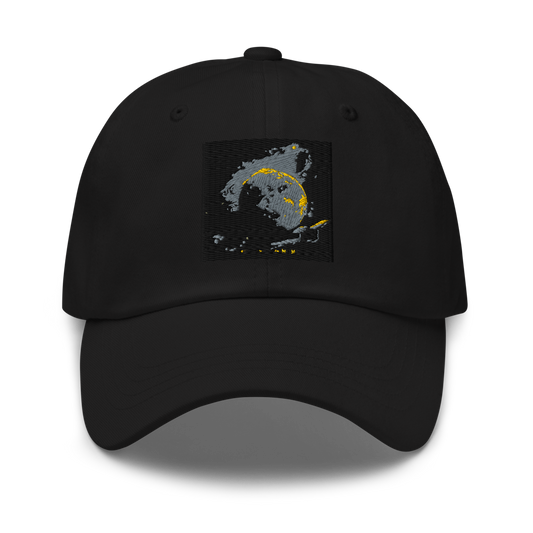 Black classic dad hat by Yupoong 6245CM, adjustable one size cap with a simple, timeless design and structured crown.