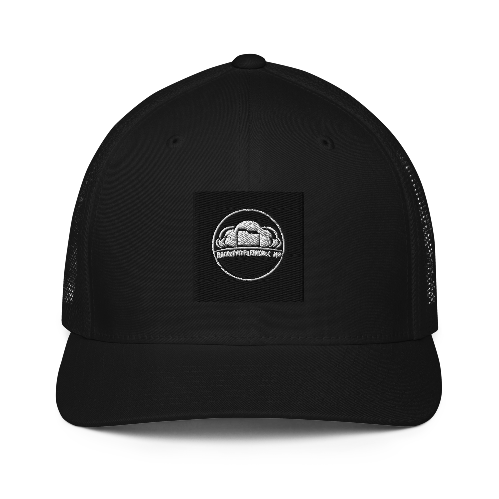 Black closed-back trucker cap from Flexfit 6511 by BACKUPMYFILESNOW.COM®, featuring adjustable fit and mesh back for breathability.