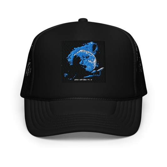Black foam trucker hat by Otto Cap with back support, one size fits most, featuring breathable mesh and adjustable snapback closure.