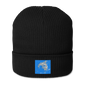 Black organic ribbed beanie from Atlantis by BACKUPMYFILESNOW.COM®, featuring a snug, textured knit design.