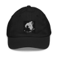 Black youth baseball cap by Valucap VC300Y, adjustable one size, with a classic curved brim and embroidered logo.