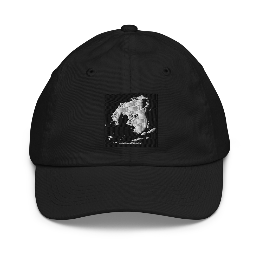 Black youth baseball cap by Valucap VC300Y, adjustable one size, with front panel and curved brim.