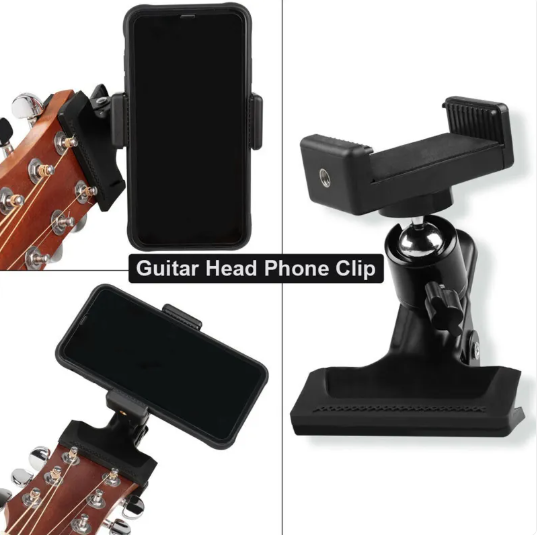Black phone guitar clip stand by BackupMyFilesNow.com holding a smartphone in a secure grip.