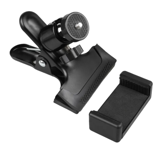 Black phone guitar clip stand by BackupMyFilesNow.com holding a smartphone in a guitar-shaped holder.