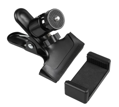 Black phone guitar clip stand by BackupMyFilesNow.com holding a smartphone in a guitar-shaped holder.