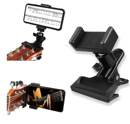 Black phone guitar clip stand from BackupMyFilesNow.com holding a smartphone for hands-free use.