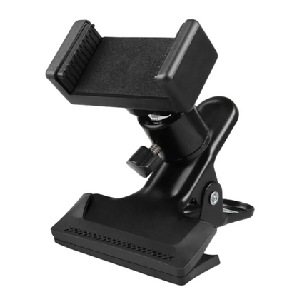 Black phone guitar clip stand by BackupMyFilesNow.com holding a smartphone for hands-free use and stable support.