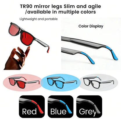 Black smart audio glasses with touch control, color-changing lenses, dual microphone, noise reduction, Bluetooth connectivity, and clear sound.