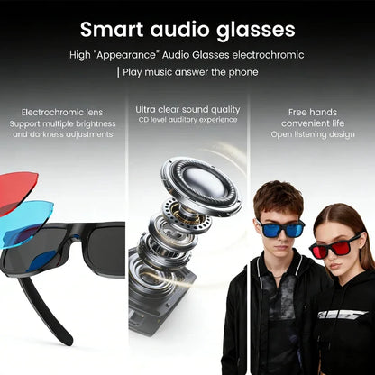 BackupMyFilesNow.com smart audio glasses with touch control, color-changing lenses, dual microphones, noise reduction, Bluetooth sunglasses.
