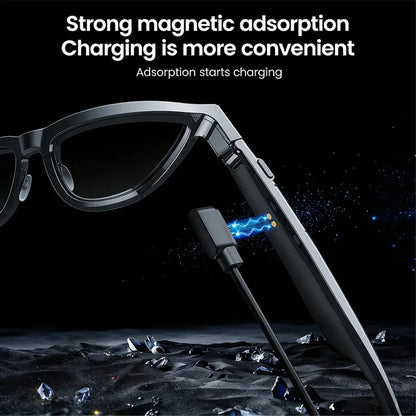 Black smart audio glasses with touch control, color-changing lenses, dual microphone, noise reduction, and Bluetooth for clear sound.