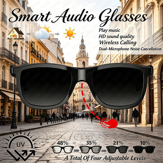Black smart audio glasses with touch control, color-changing lenses, open listening design, Bluetooth calling, ultra-clear sound.