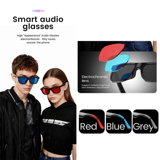 Black smart audio glasses with touch control, color-changing lenses, open listening design, Bluetooth calling, ultra-clear sound quality.