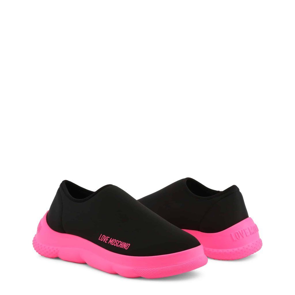 Pink slip-on shoes from BackupMyFilesNow.com with a sleek black and pink design, perfect for casual wear.
