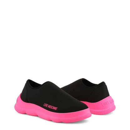 Pink slip-on shoes from BackupMyFilesNow.com with a sleek black and pink design, perfect for casual wear.