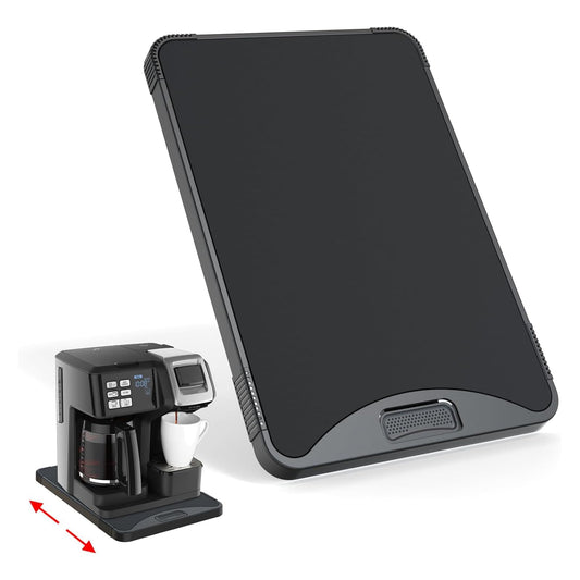Black plastic Argomax rolling tray for coffee makers and appliances, slide-out coffee machine pull-out tray, fits air fryers and more.