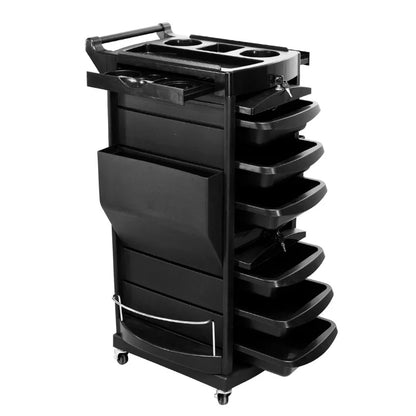 Black plastic multi-layer salon trolley with 360-degree rotation for hairdressing tools, perm dye supplies, and barber shop use.