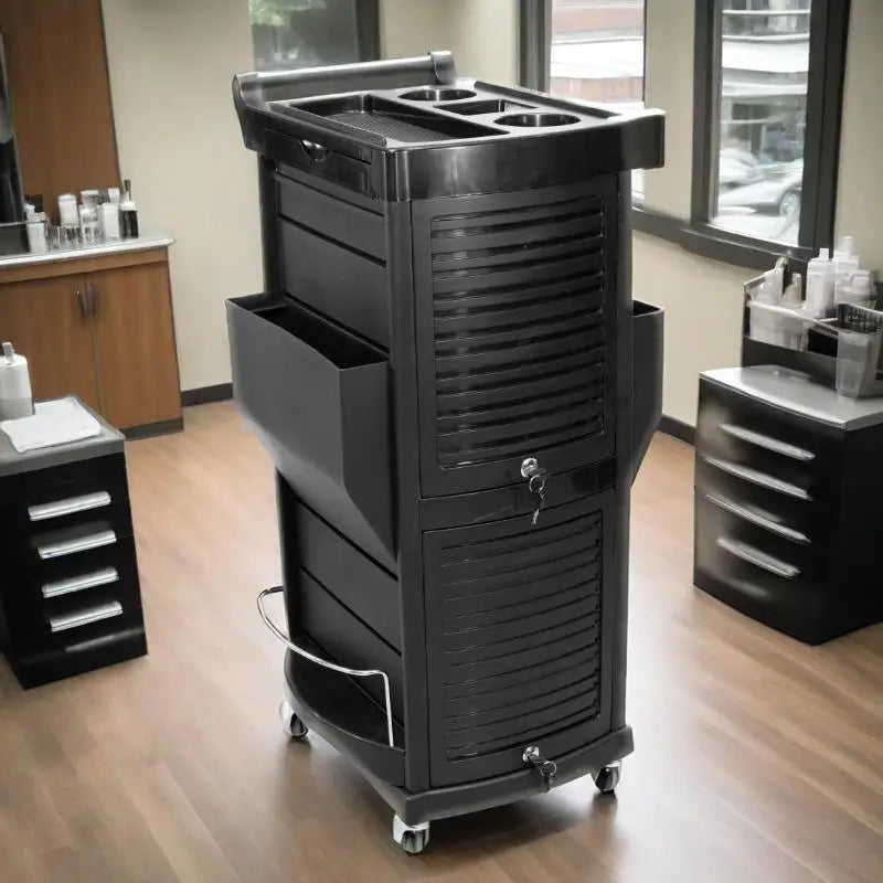 Black plastic multi-layer salon trolley with 360-degree rotation, ideal for hairdressing tools, perm dye supplies, and barber shop use.