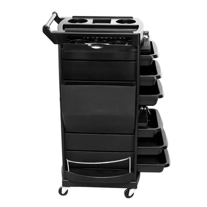Black plastic multi-layer salon trolley with 360-degree rotation, ideal for hairdressing tools, perm dye supplies, and barber shop use.