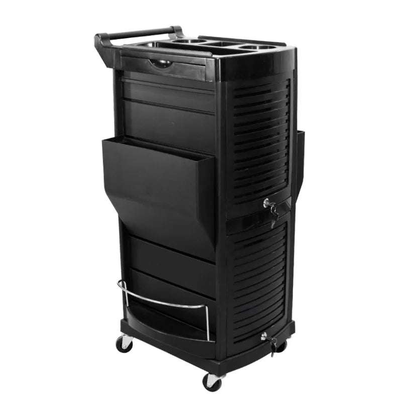 Black plastic multi-layer salon trolley with 360-degree rotation, designed for hairdressing tools, perm dye supplies, and barber shop use.