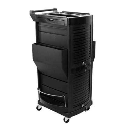 Black plastic multi-layer salon trolley with 360-degree rotation, designed for hairdressing tools, perm dye supplies, and barber shop use.
