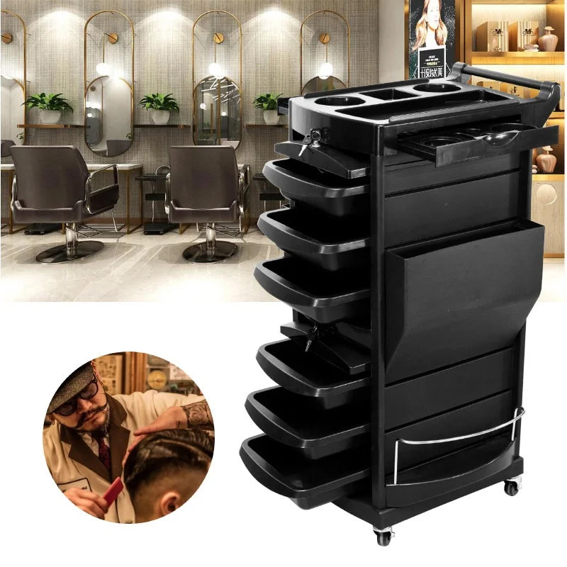 Black plastic multi-layer salon trolley with 360-degree rotation, ideal for hairdressing tools, perm dye supplies, and barber shop use.