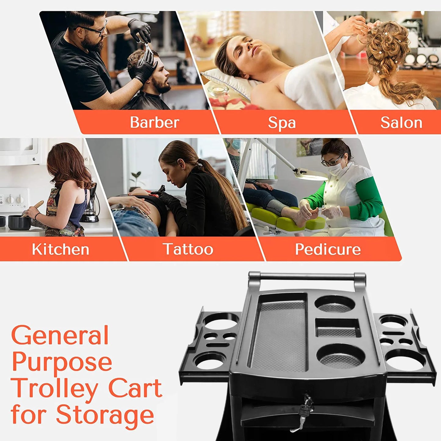 Black plastic multi-layer salon trolley with 360-degree rotation, ideal for hairdressing tools, perm dyes, and barber shop use