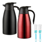 Set of two 70 oz stainless steel thermal coffee carafes in black and red, double-walled vacuum insulated for hot beverages.