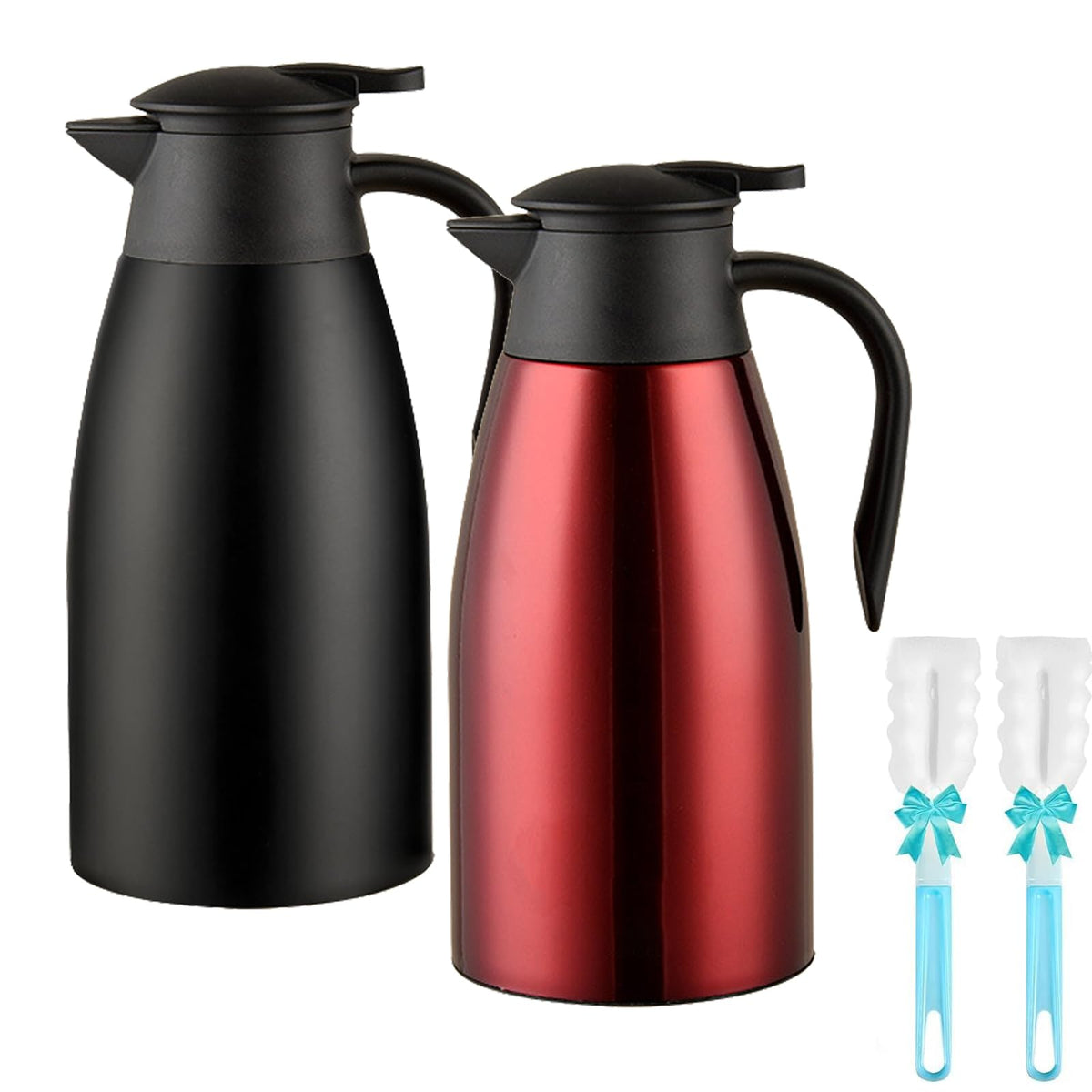 Two 70 oz insulated stainless steel coffee carafes in black and red, designed to keep hot coffee and water warm for 12 hours.