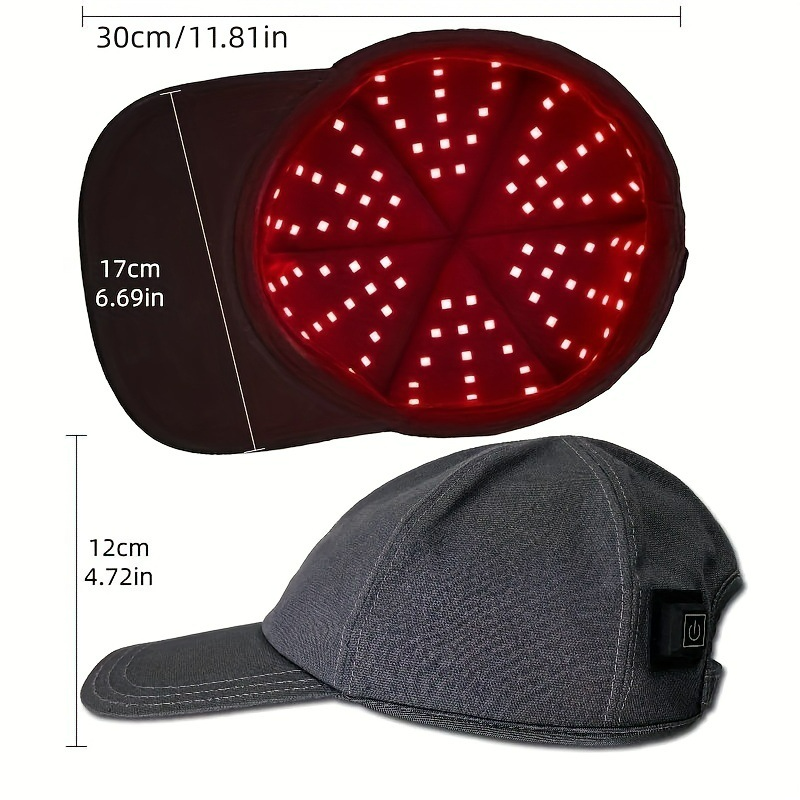 Red light therapy cap with black and red design, designed for scalp treatment and hair health.