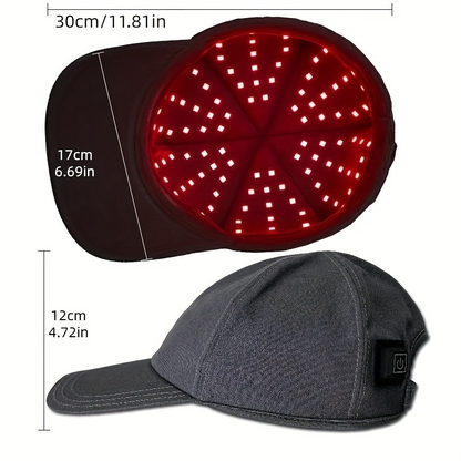 Red light therapy cap with black and red design, designed for scalp treatment and hair health.