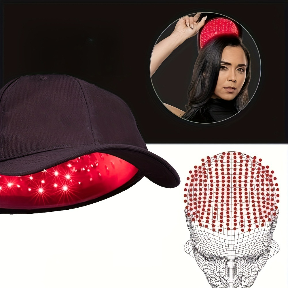 Red light therapy cap from BackupMyFilesNow.com featuring black and red design for scalp treatment and hair health.