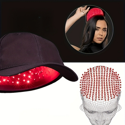 Red light therapy cap from BackupMyFilesNow.com featuring black and red design for scalp treatment and hair health.