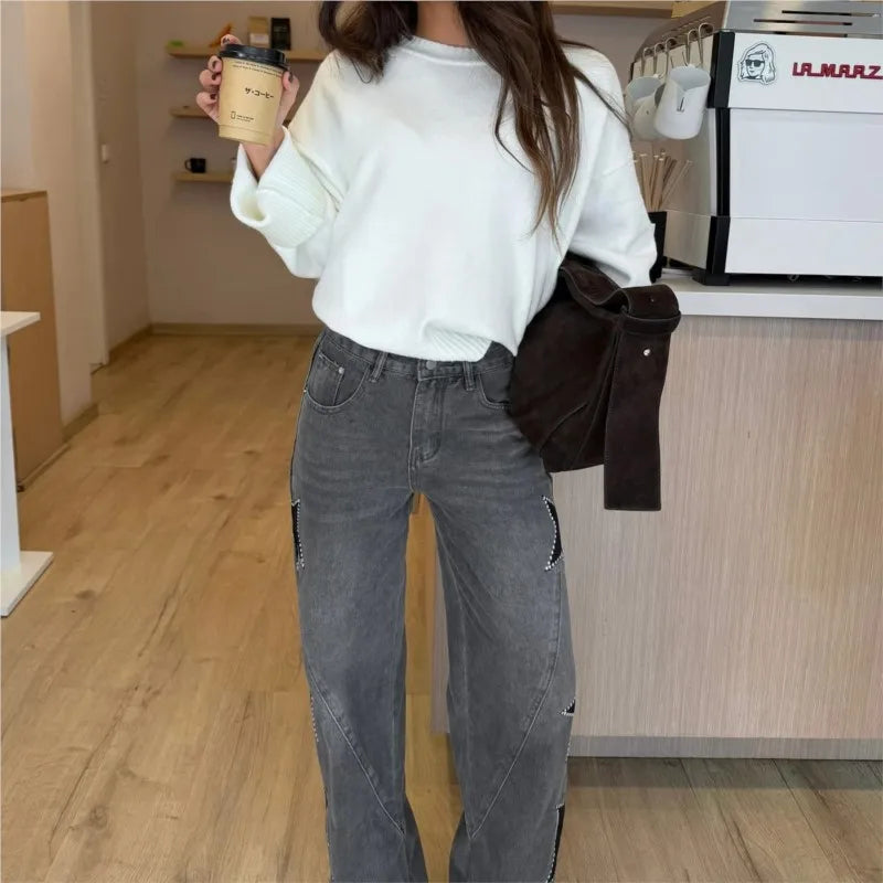 Black casual women's retro jeans featuring straight loose fit, star patchwork, simple street style for summer and spring fashion.