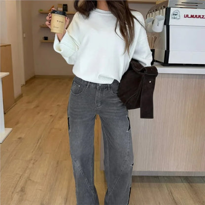 Black casual women's retro jeans featuring straight loose fit, star patchwork, simple street style for summer and spring fashion.