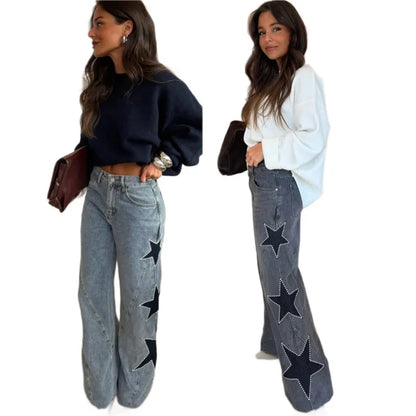 Black casual retro jeans for women with straight loose fit, star patchwork, simple street style, and slim silhouette.