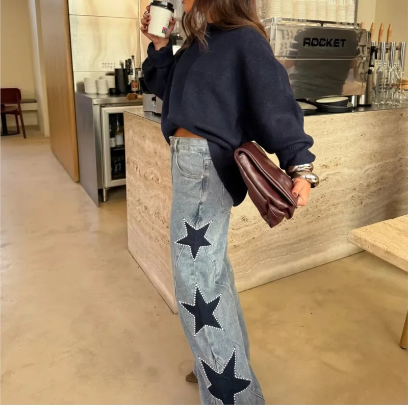 Black retro jeans for women featuring straight, loose fit with star patchwork, stylish casual denim for summer and spring.
