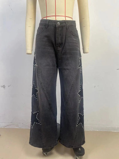 Black casual retro jeans for women with straight loose fit, star patchwork, and simple street style fashion.