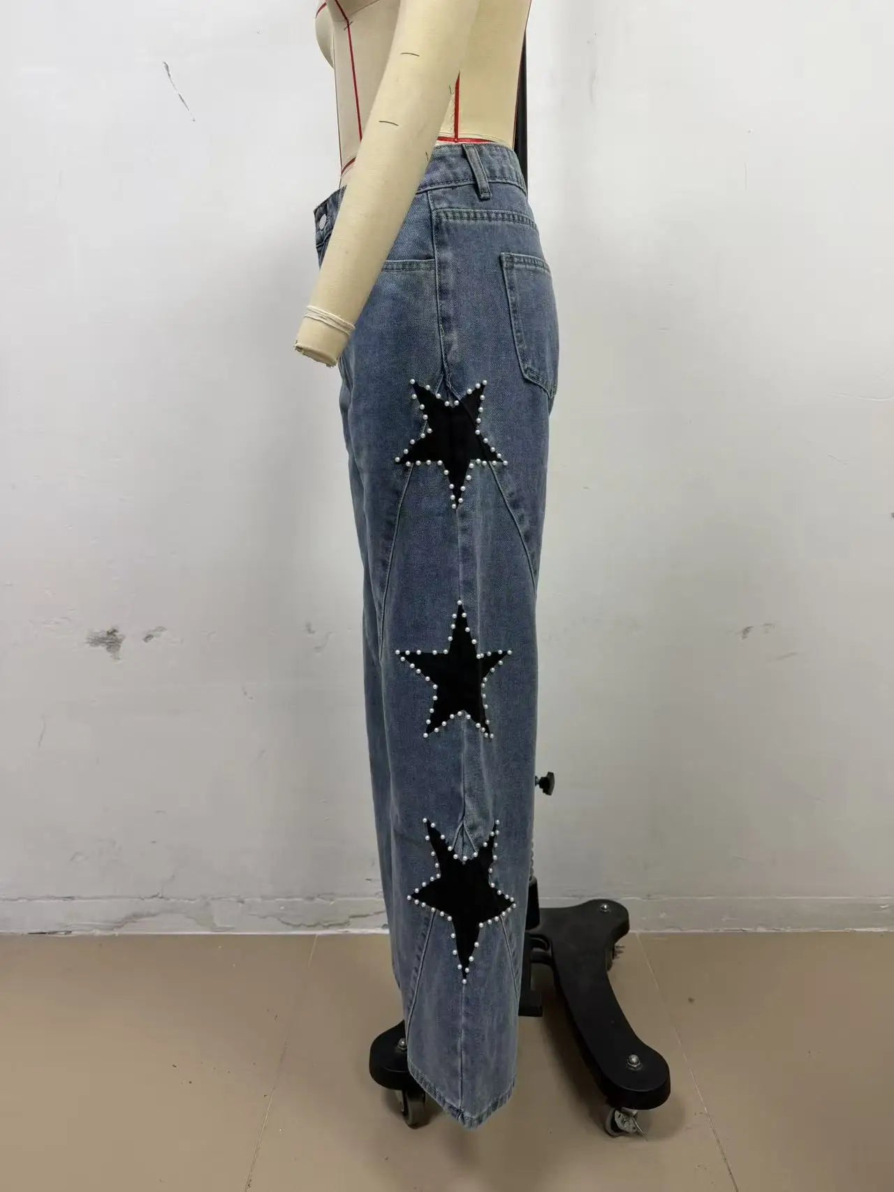 Black retro casual jeans for women featuring straight, loose fit, star patchwork, and simple street style, by BackupMyFilesNow.com.