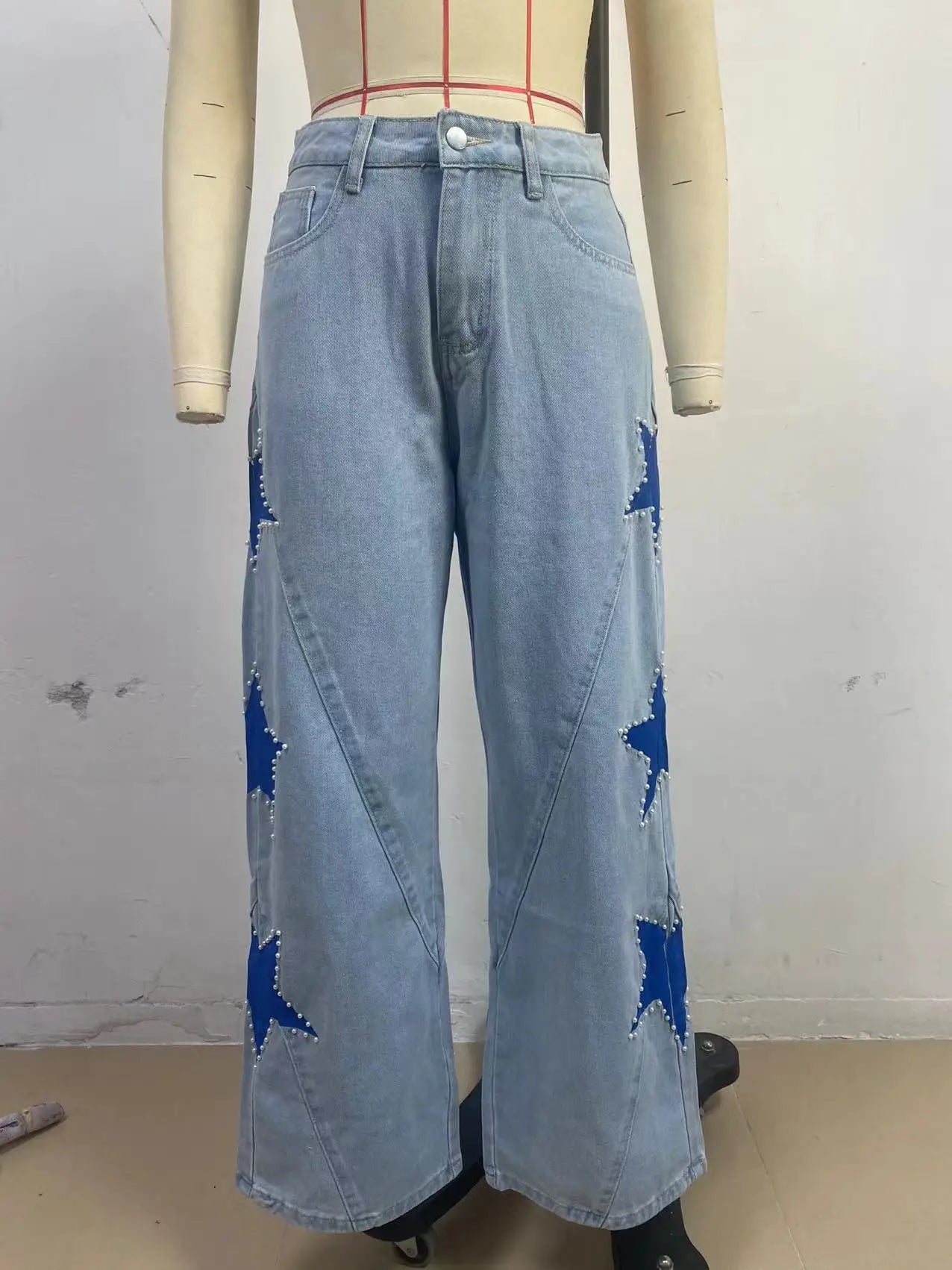 Black retro casual jeans for women featuring a straight, loose fit with star patchwork and simple street style design.