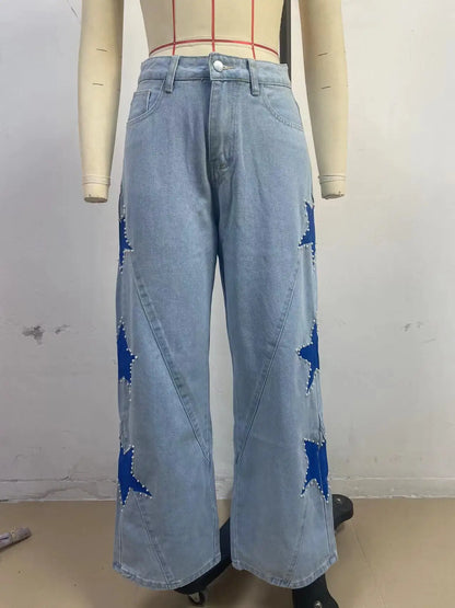 Black retro casual jeans for women featuring a straight, loose fit with star patchwork and simple street style design.