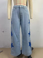 Black retro casual jeans for women featuring a straight, loose fit with star patchwork and simple street style design.