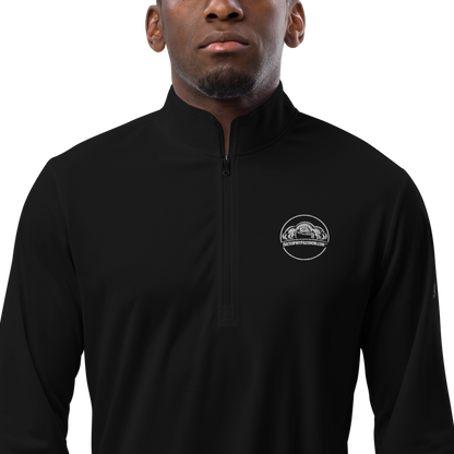 Men's black Adidas quarter-zip pullover with collar and logo, stylish and comfortable for casual wear.