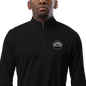 Men's black Adidas quarter-zip pullover with ribbed cuffs and collar, casual athletic style, front zipper, and logo detail.