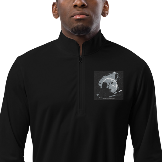 Men's black Adidas quarter-zip pullover with a stand collar, lightweight athletic design, and logo on the chest.