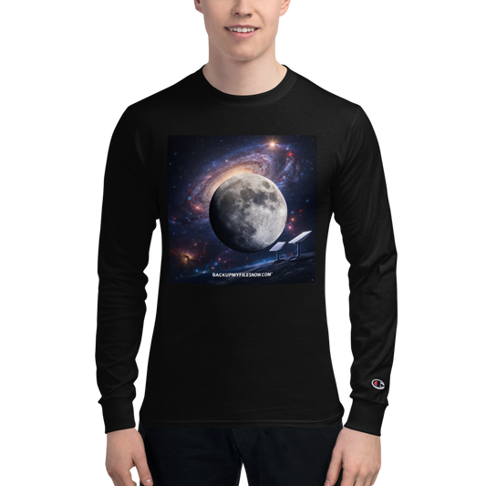 Black men's Champion long sleeve T-shirt from BACKUPMYFILESNOW.COM®, featuring a comfortable fit and classic design.