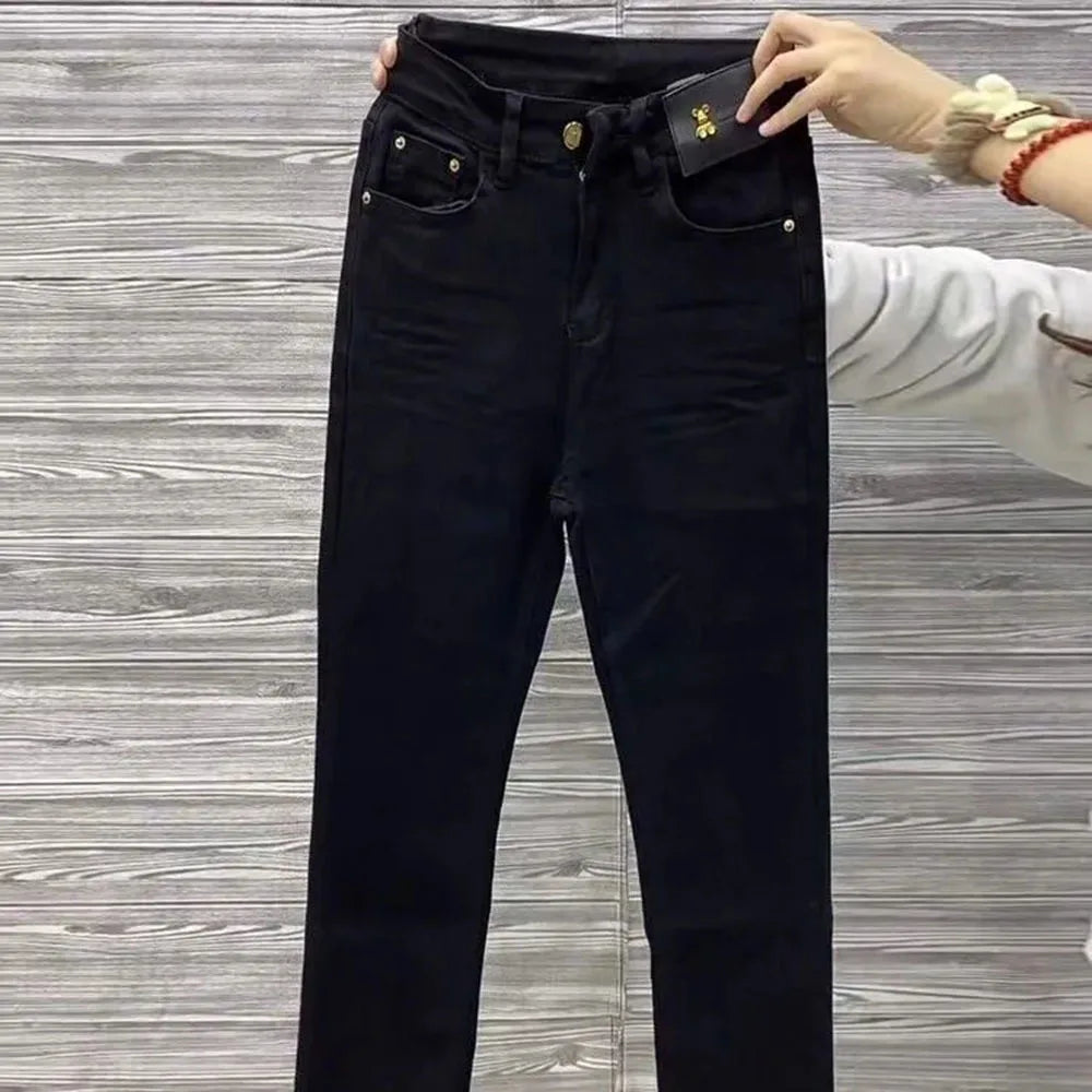 Black 2023 autumn loose chic denim trousers for women, high waist, wide leg, slim fit, Korean style straight jeans with plush fabric.