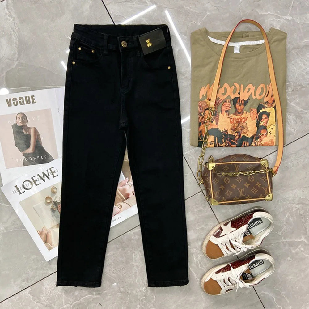 Black 2023 autumn chic denim trousers for women with wide-leg, high waist, slim fit, split design, Korean style, plush fabric